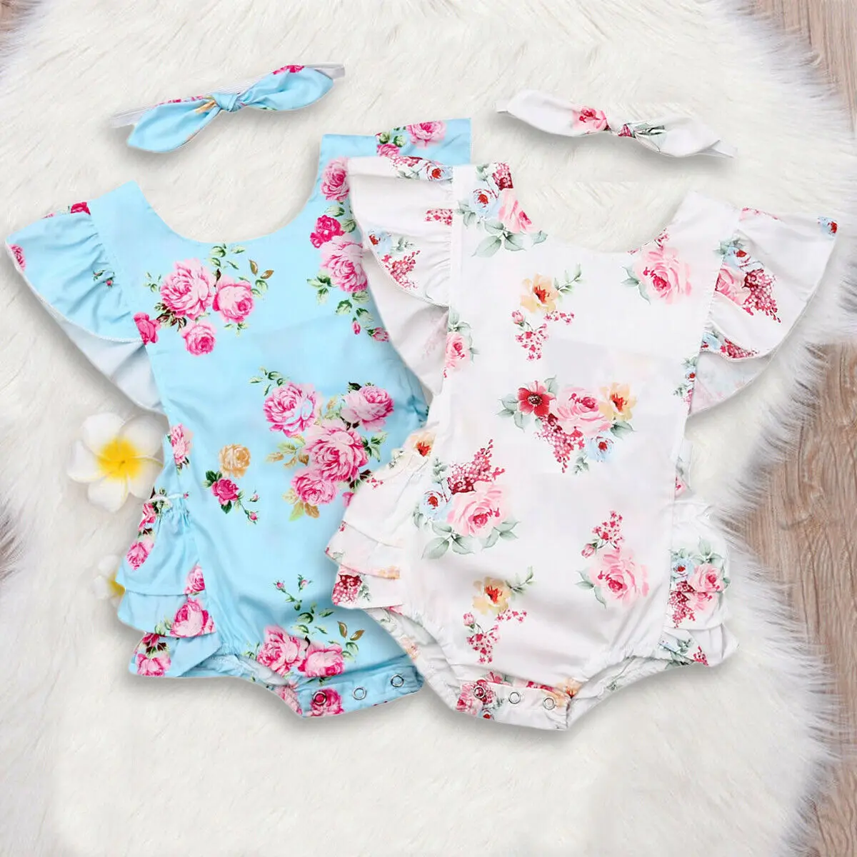 

Pudcoco 2019 Summer Newborn Infant Baby Girl Floral Fly Sleeves Jumpsuit Bodysuit Headband Clothes Casual Outfit