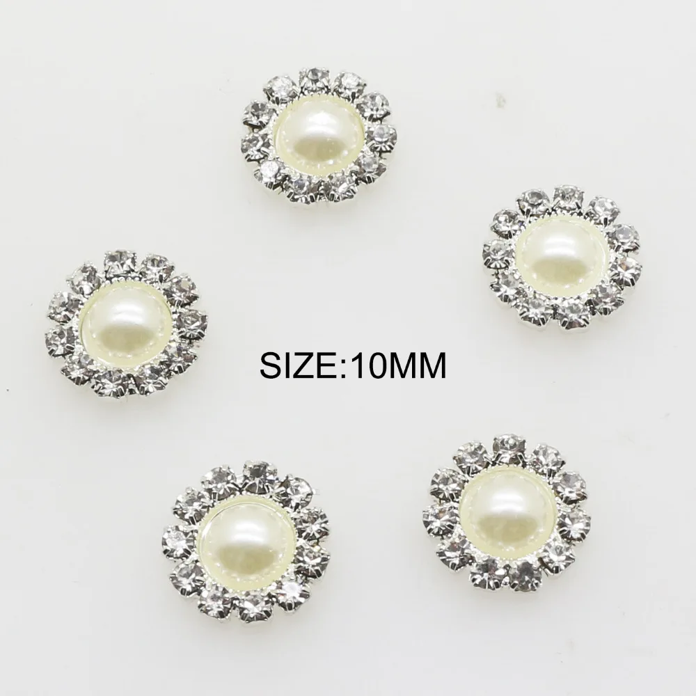 

10pcs/set 10mm Round Rhinestone Pearl Crystal Button Flat Back Buttons for Wedding Bouquet Clothing Ribbon Decorative