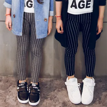 

2019 Brand Spring Summer Girls Pants Stripe Cotton Children's Skinny Trousers Girls Vertical Leggings Black Full Length Pants