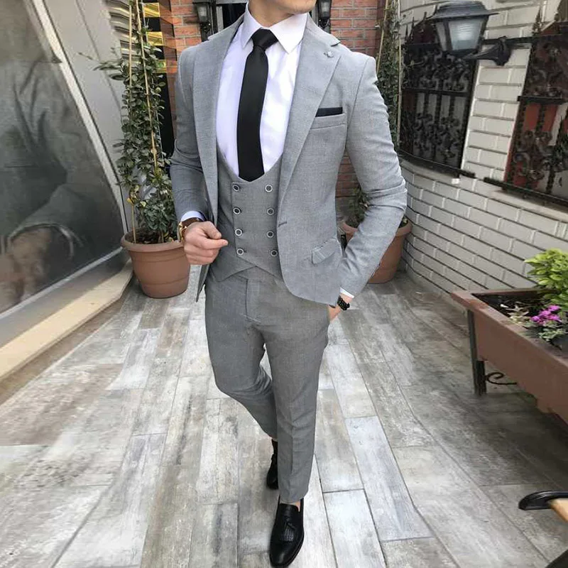 Grey Men Suits 3 Pieces Double Breasted
