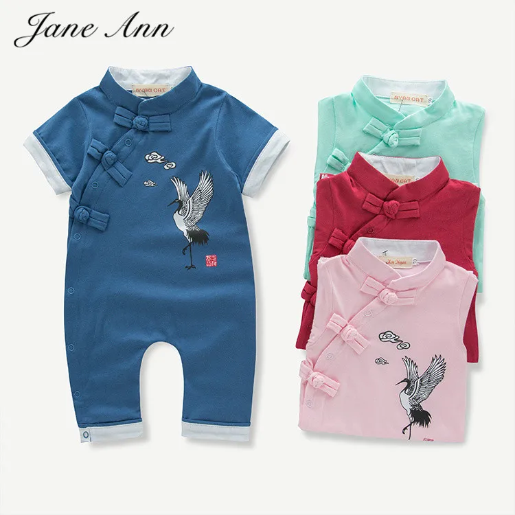 

Baby toddler costume infant Chinese style with cranes summer short sleeves side buckle romper red pink blue jumpsuit clothes
