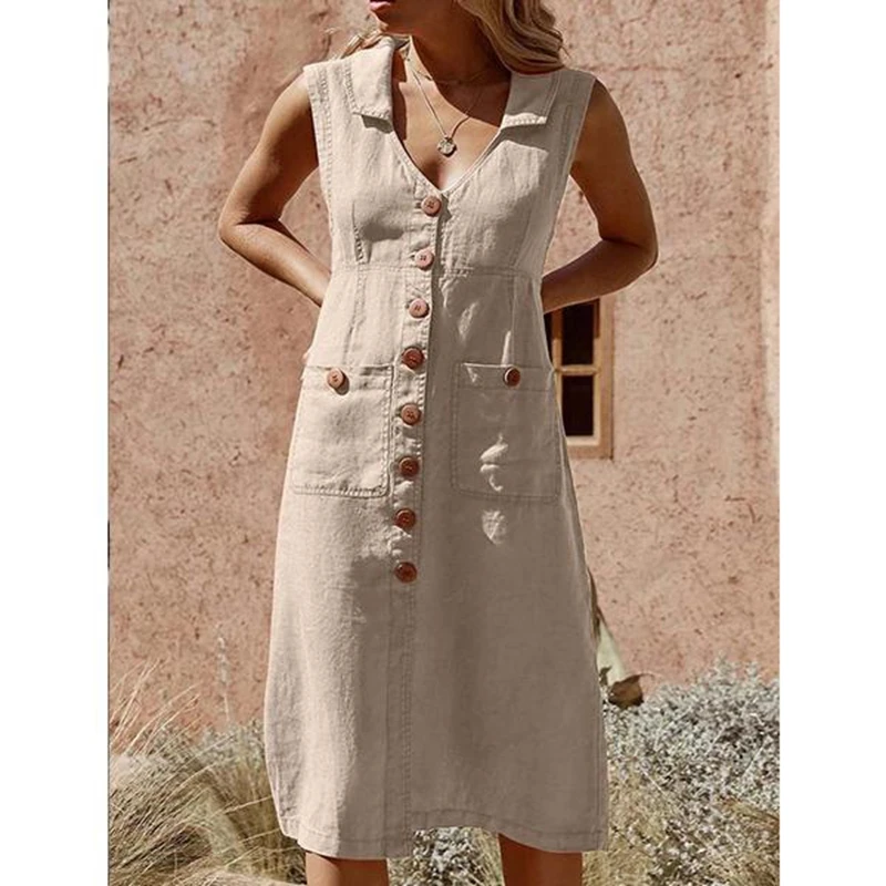 

LASPERAL 2019 Summer Dress Boho Style V-Neck Waist Plus Size Casual Solid Color Sleeveless V Neck Pockets Midi Dress