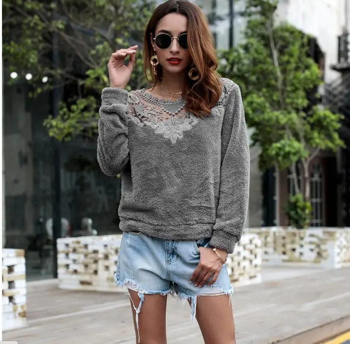 

2019 Casual Lace Patchwork Autumn Winter Sweater Warm Velvet Women Knitted Sweater And Pullovers Full Sleeve Sweaters