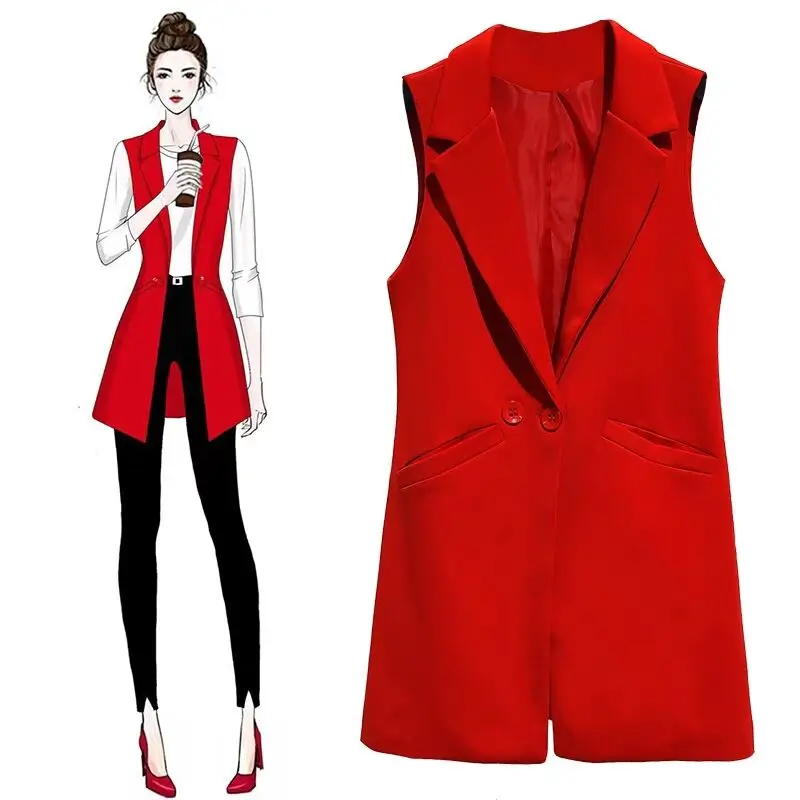 

MUMUZI blazer casual women vest waistcoat women long suit vest female jacket coat black red pockets office lady sleeveless coat