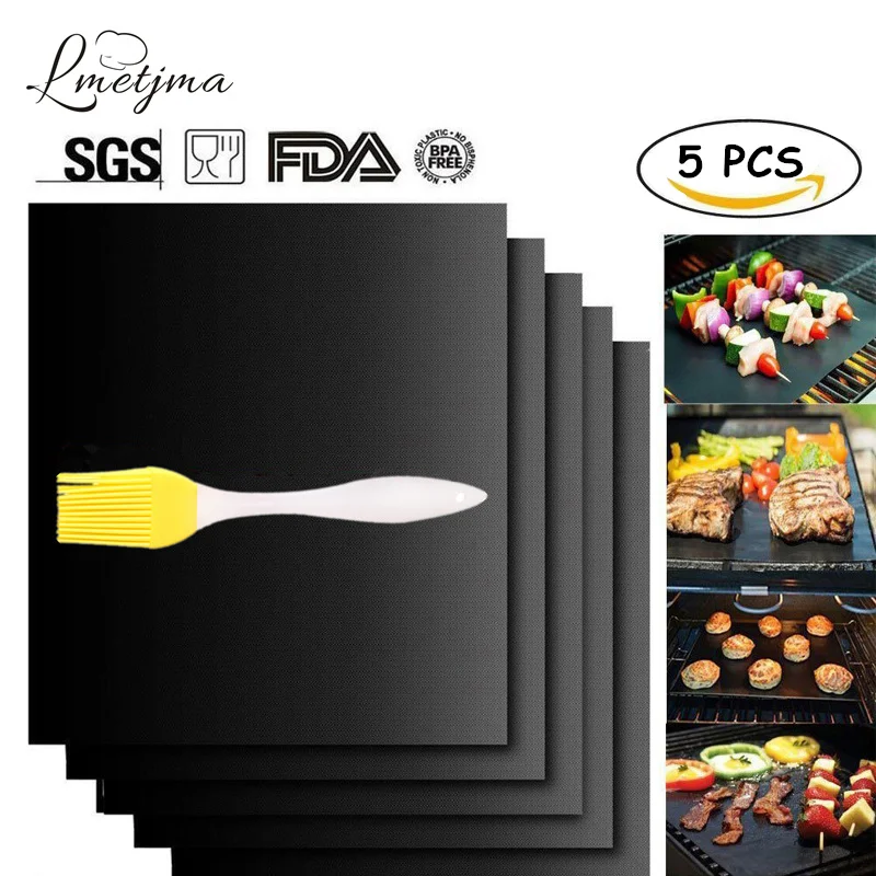

LMETJMA 5pcs/set BBQ Grill Mat Non-stick BBQ Grill Baking Mats with Silicone Brush Barbecue Grill for Outdoor BBQ Tools KC0519-1