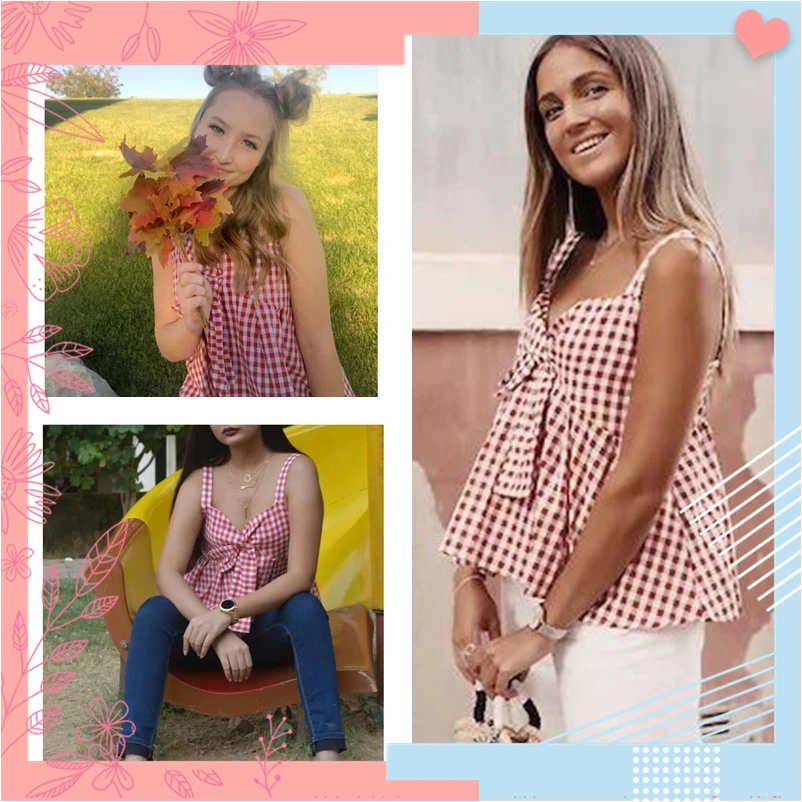 Dotfashion, красный плиссированный топ в клетку сзади, женские летние топы, одежда, милые бретельки, майка, корейская мода, повседневная майка