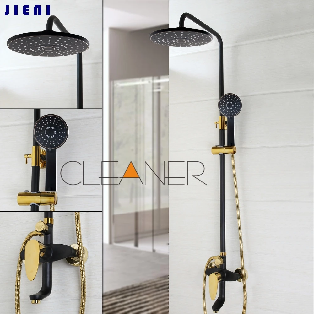 

Black Gold-plated Wall Mounted Bath Shower Set Faucet Rotation Tub Spout + Handheld Shower Spray + Rainfall Head + Single Handle