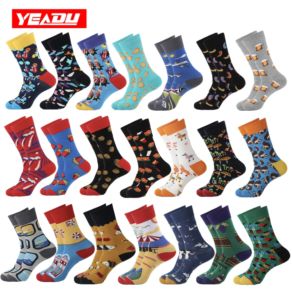 

YEADU Colorful Men's Socks Harajuku Hip Hop Happy Funny Cool Cartoon Popsoket Hamburger sausage red lips alpaca for Men Gift