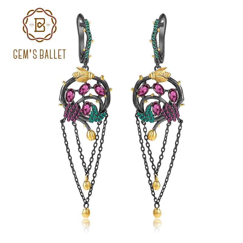 

GEM'S BALLET Natural Rhodolite Garnet Tassel Earrings 925 Sterling Silver Handmade Branch Dreamcatcher Drop Earrings for Women