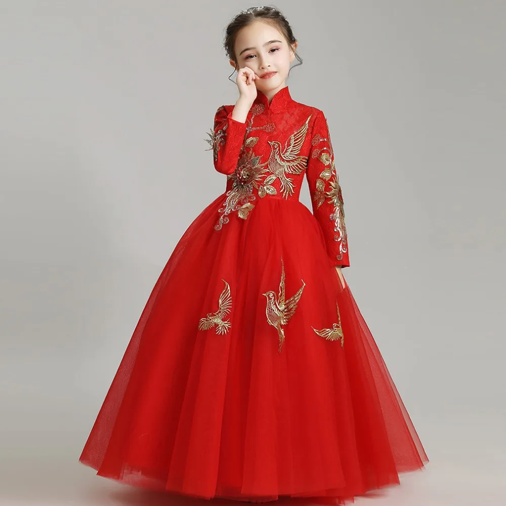Осень-зима, новое роскошное детское платье с вышивкой для девочек на день рождения, свадьбу, выпускной вечер, детское Новогоднее Пышное Сетчатое платье