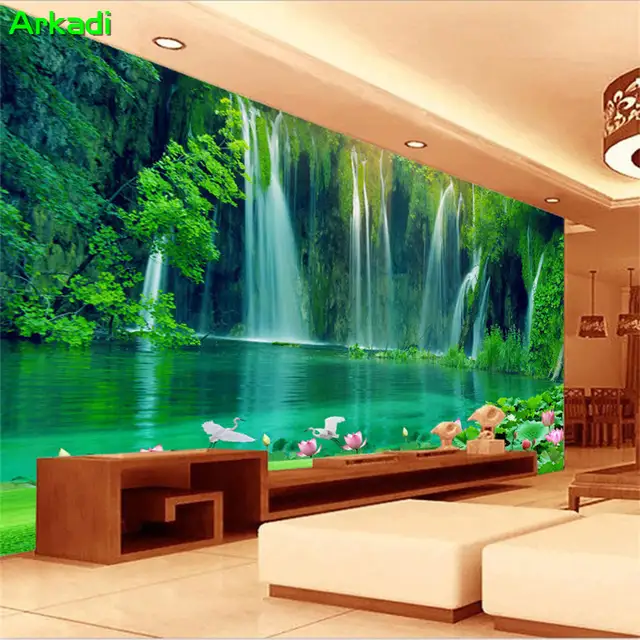 3d Waterfall Poster Beautiful Scenery Grassland Natural Scenery