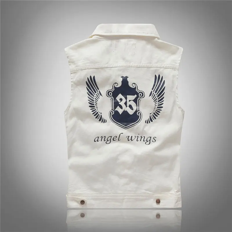 

Mens Hip Hop Clothing Angel Wings Printed White Denim Vest Slim Fit Sleeveless Jacket Waistcoat For Men