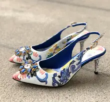 New Arrivals Blue Flower Print Leather Pumps Women Shoes Crystal Pointed Toe Slingback Women Shoes High Heels Real Photo runway crystal rhinestone rivets studded women pumps slingback pointed toe summer sandals kitten heels crystal shoes women
