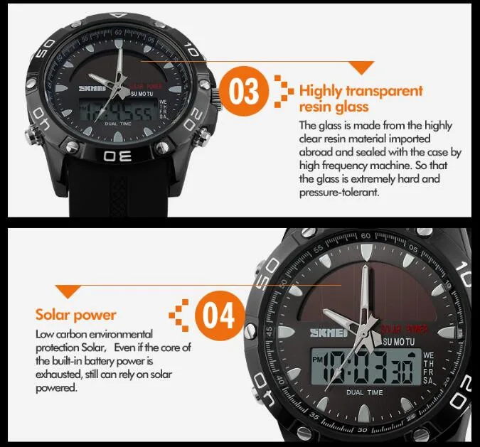 Watches Men Waterproof Solar Power Sports Casual Watch Man Men's Wristwatches 2 Time Zone Digital Quartz LED Clock Men
