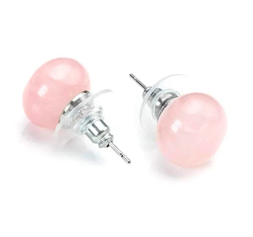 

FYJS Unique Jewelry For Elegant Women Silver Plated Bread Shape Natural Rose Pink Quartz Stud Earrings