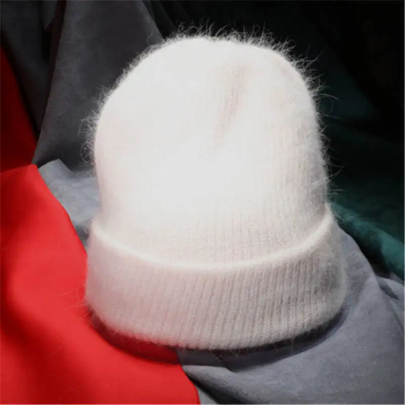 Женская осенне-зимняя теплая вязаная шапка с кроличьим мехом, толстые двухслойные шерстяные шапки Skullies, женская шапка