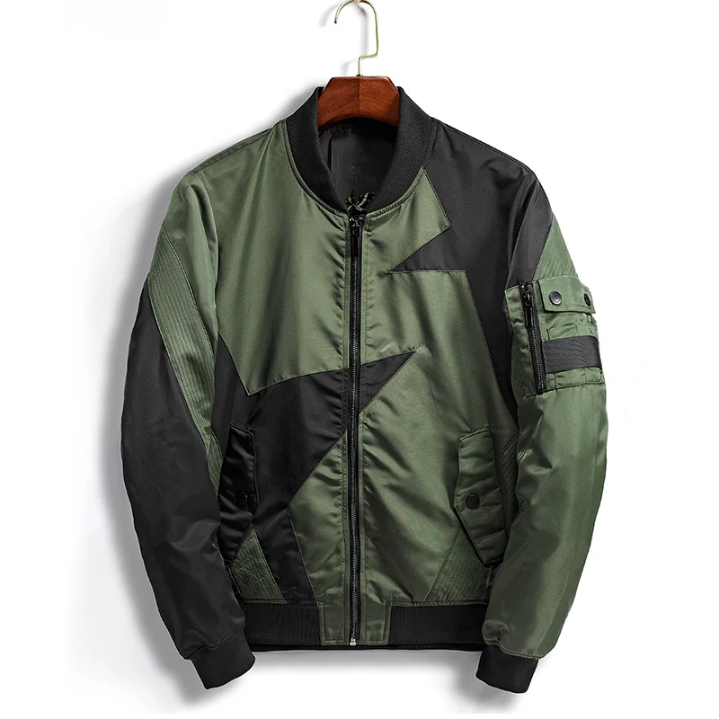 Men's 2018 Spring Bomber Jacket Zipper Pocket Stand Collar Patchwork