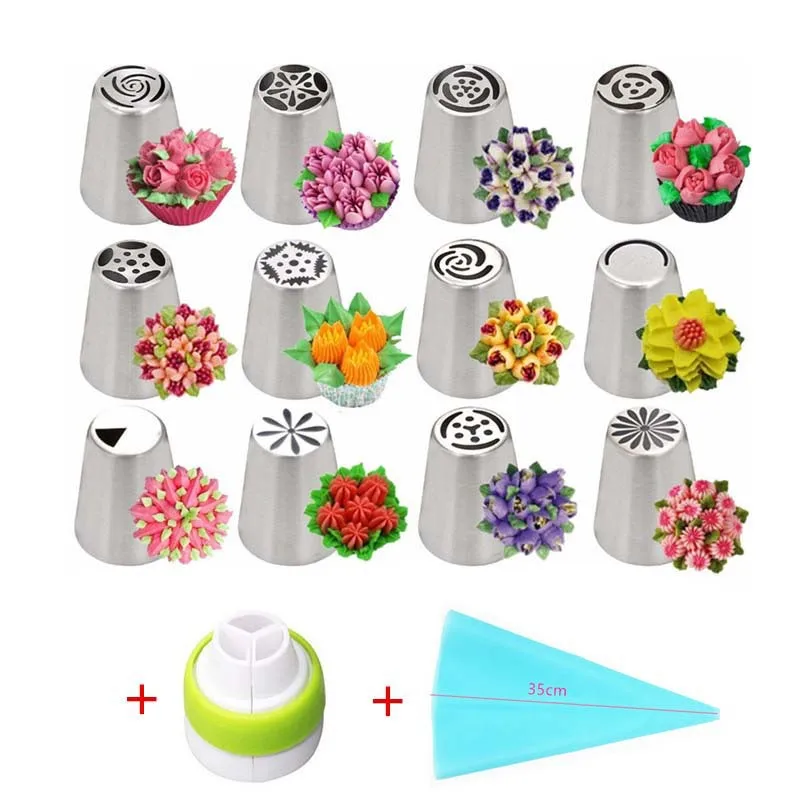 

14Pcs Set Russian Tulip Icing Piping Nozzles Flower Piping Bag Confectionery Bag Pastry Cream Nozzles Tips Cake Decorating Tools