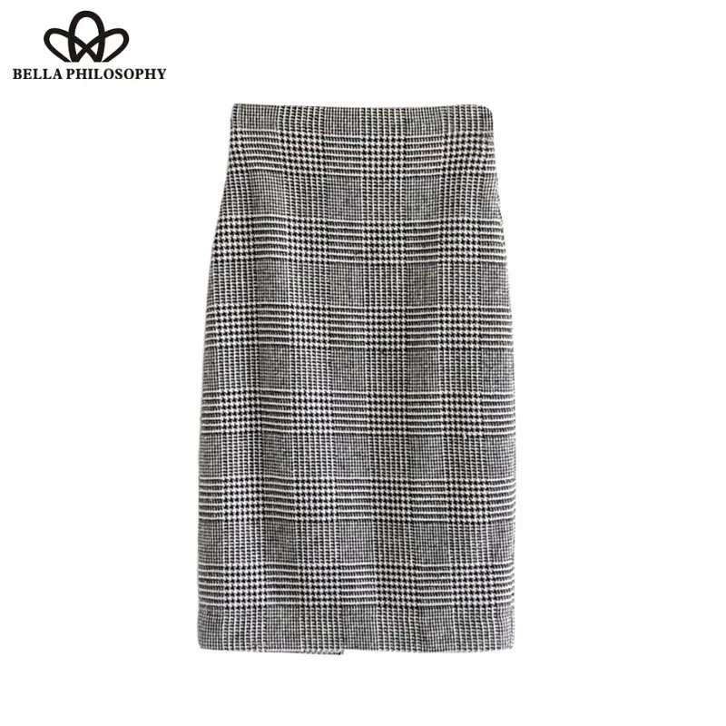 Wonder 2018 new Vintage Stylish Houndstooth Tube Midi Skirt Back Zipper Vents Office Ladies Pencil Skirts Casual Faldas Mujer
