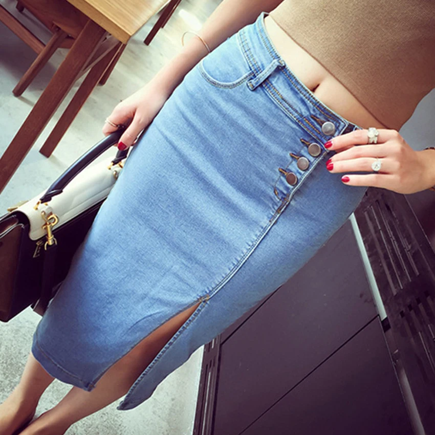 

Solid Elastic Casual Denim Skirts Women Sexy Slim Buckles Hem Split A-Line Skirt Plus Size Breathable Summer Denim Skirt Fashion