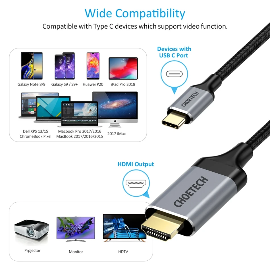 Choetech USB C HDMI кабель 4K@ 60Hz 2m type C-HDMI для MacBook samsung Galaxy S9/S8 huawei mate 20 P20 Pro USBC HDMI адаптер