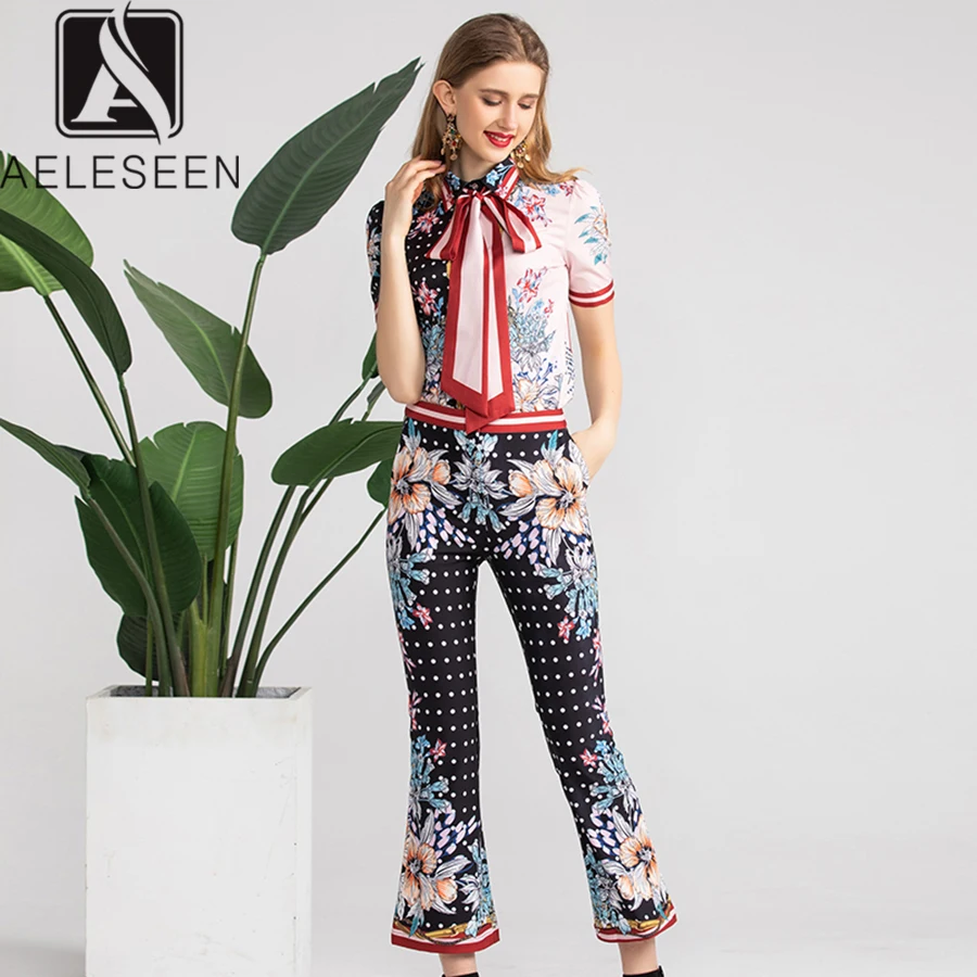 AELESEEN модные роскошные брюки комплект мода короткий рукав в горошек Цветочный Принт футболки+ слизь расклешенные брюки взлетно-посадочной полосы комплекты из 2 предметов