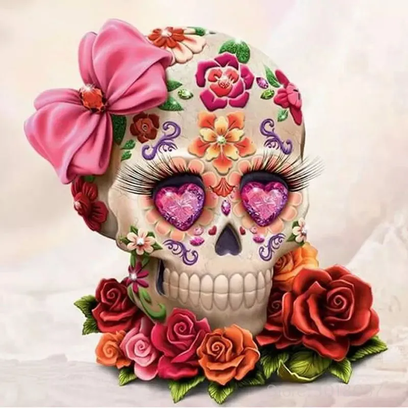 

Diy Diamond Painting Cross Stitch Skull Full Of Flowers Needlework Diamond Embroidery Full Round Mosaic Decoration Resin Sticker