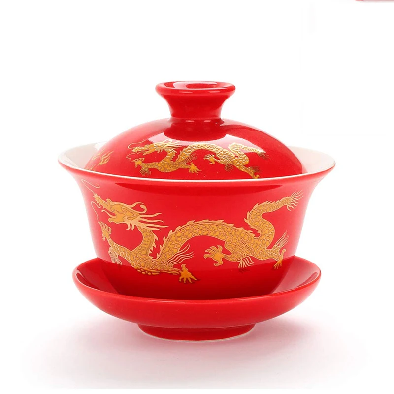 150 мл костяного фарфора кунг-фу чайный сервиз Gaiwan, чайная чашка Tureen фарфоровый чайный сервиз керамический чайный поднос Parlour чайная посуда Gai Wan чай тигуанинь - Цвет: Red gold dragon