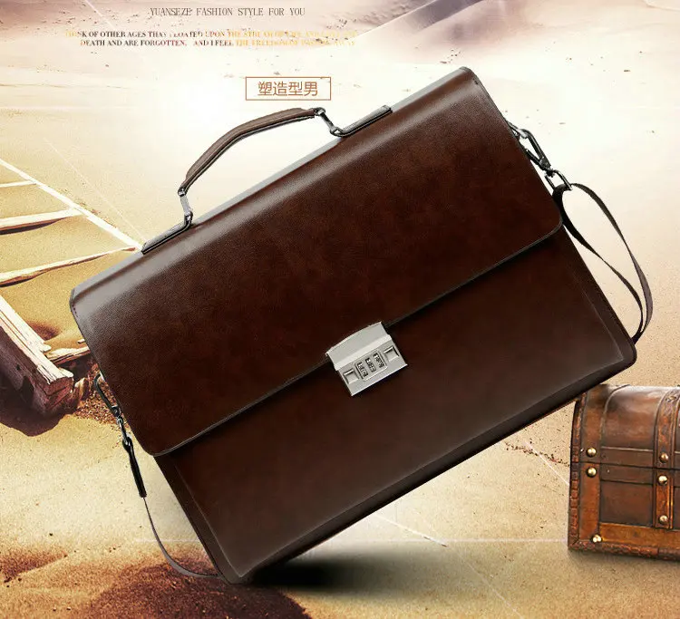 Business Men's Bag Large Capacity Cowhide Leather briefcase Horizon Password Lock Shoulder Messenger Bag