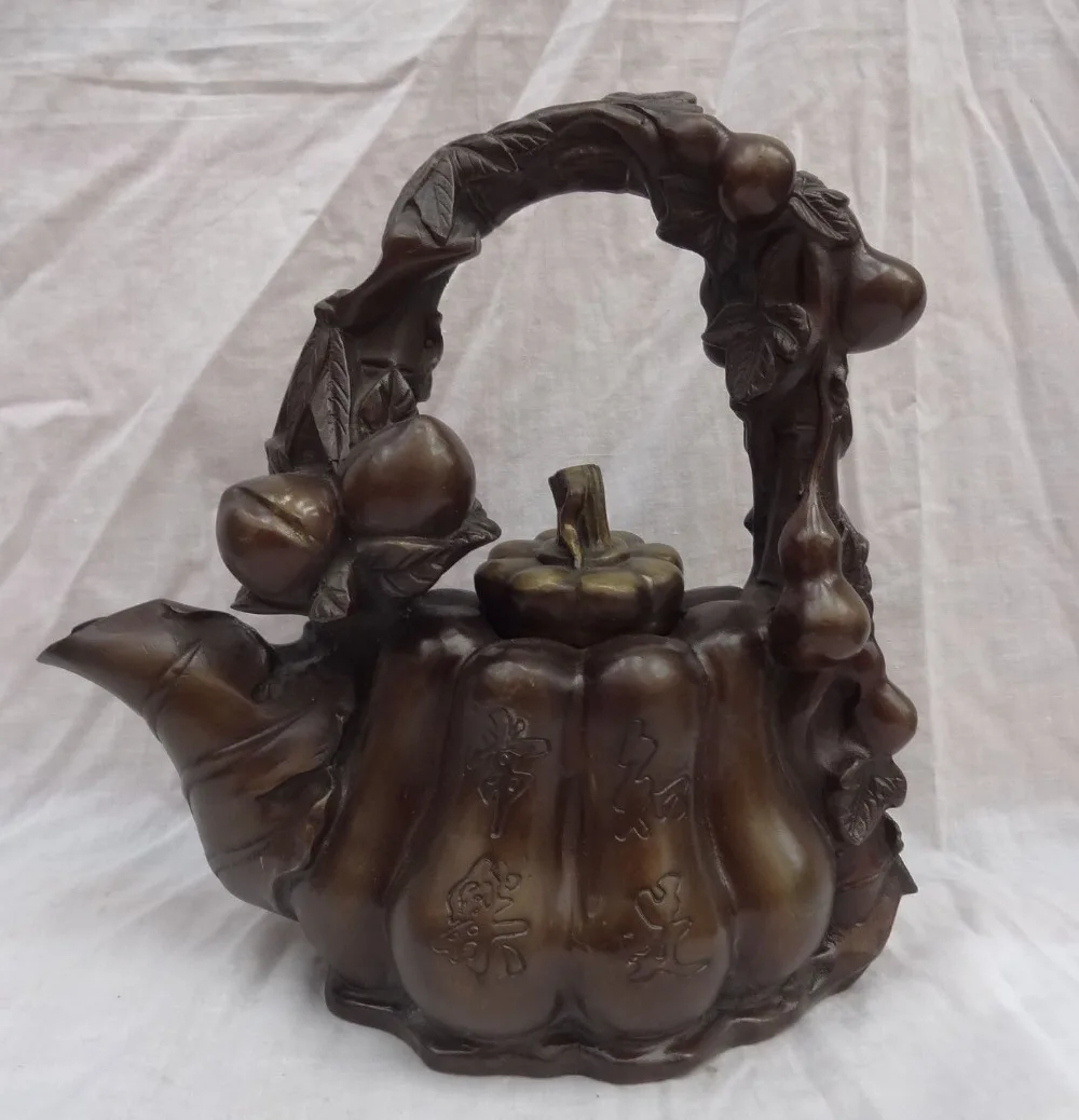 

11" Chinese Bronze FengShui Peach Gourd Spider Statue Pumpkin Teapot Wine Pot