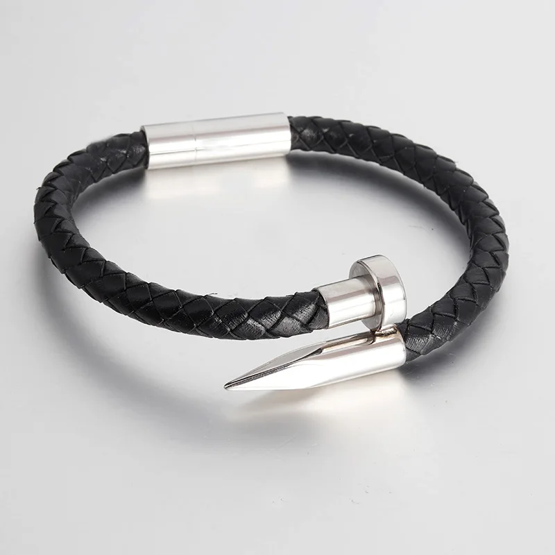

Trendy 6mm Black Genuine Leather Bracelet Men Stainlees Steel Tools Cuff Chain Bracelets & Bangles For Male Jewelry
