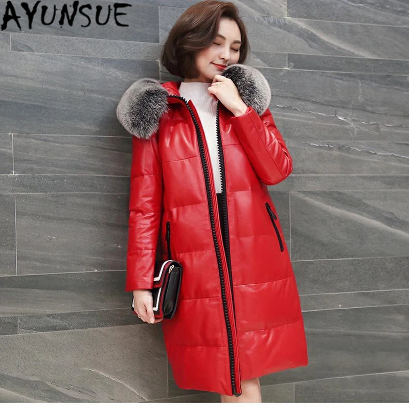 

AYUNSUE Genuine Leather Jacket Hooded Natural Sheepskin Coats for Women Thick Warm Winter Jackets Real Fox Fur Collar L1701LW790