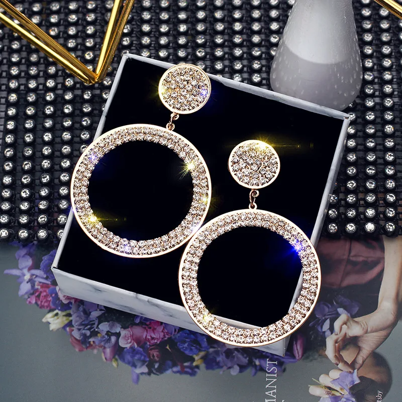 Fashion Shining Circle Earrings Precision Inlay Gold Silver Color Rhinestone Earrings for Women Wedding Party Jewelry