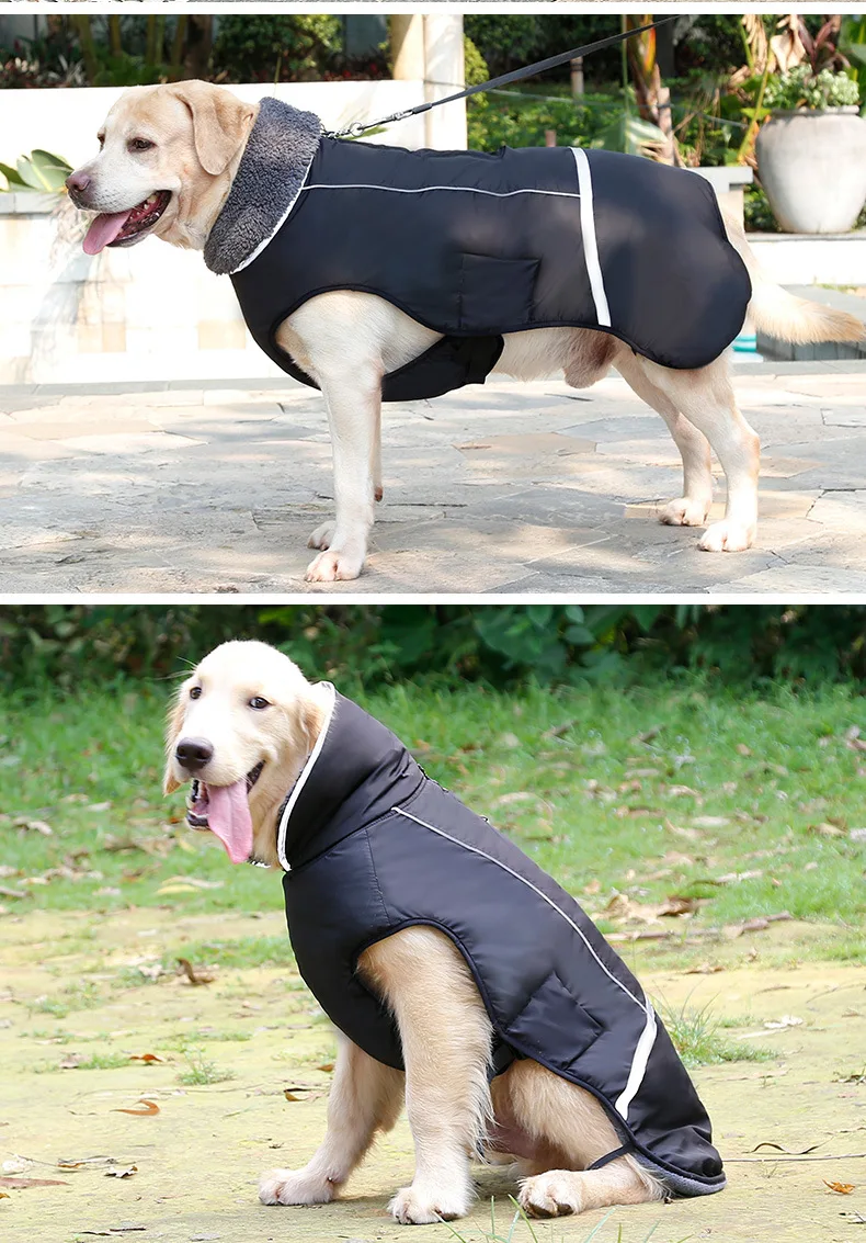Зимняя одежда для собак, меховой воротник, куртка для взрослых собак, светоотражающая, безопасная, водонепроницаемая, теплая, бархатная, утолщенная, двойная молния