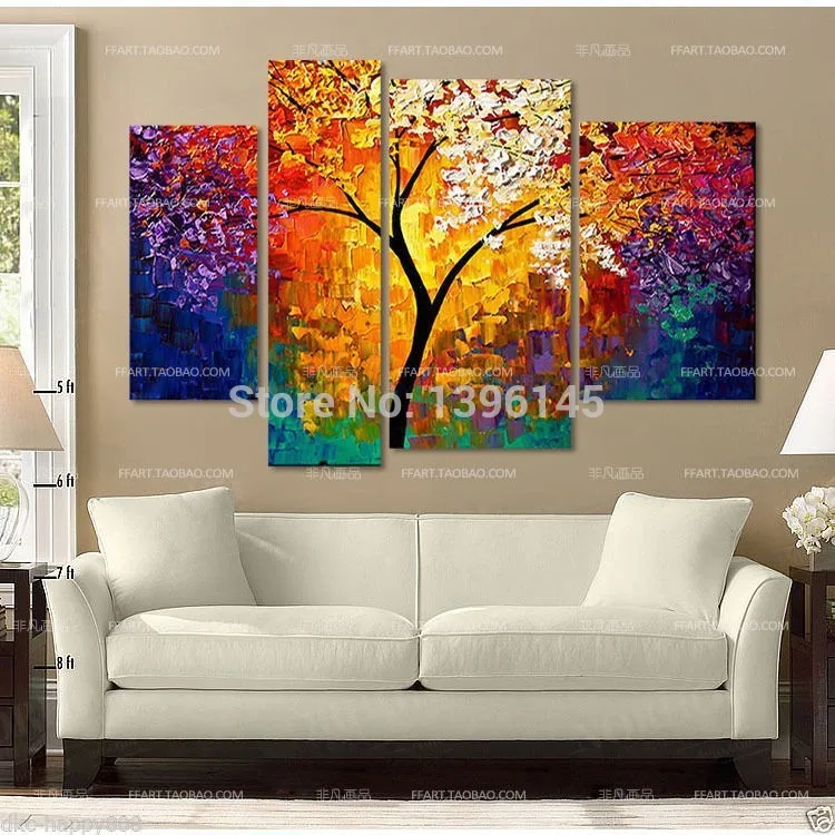 

100% Hand No Framed 4cm Stretched Sunshine Branch High Abstract Wall Home Decor Landscape Oil Painting On Canvas 4pcs A Set