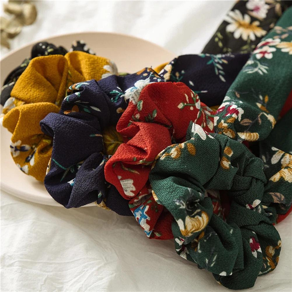 Floral Print Elastic Knot Ribbon Scrunchies Women Vintage Big Bow Fabric Hair Ties Girls Satin Hair Accessories Soft Hairbands