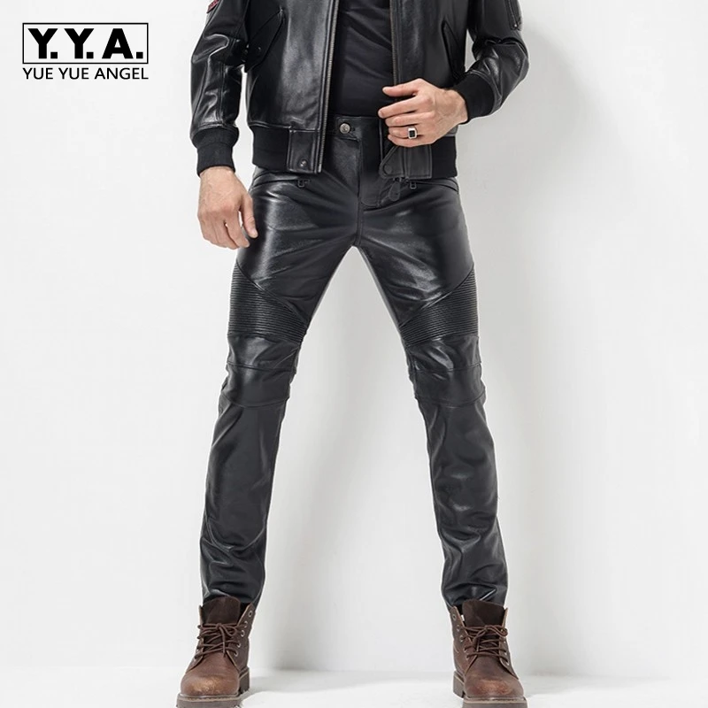 Windproof Thicken Winter New Mens Slim Pants Genuine Leather Cow Male Fashion Zipper High Quality Brand Pants Plus Size 36