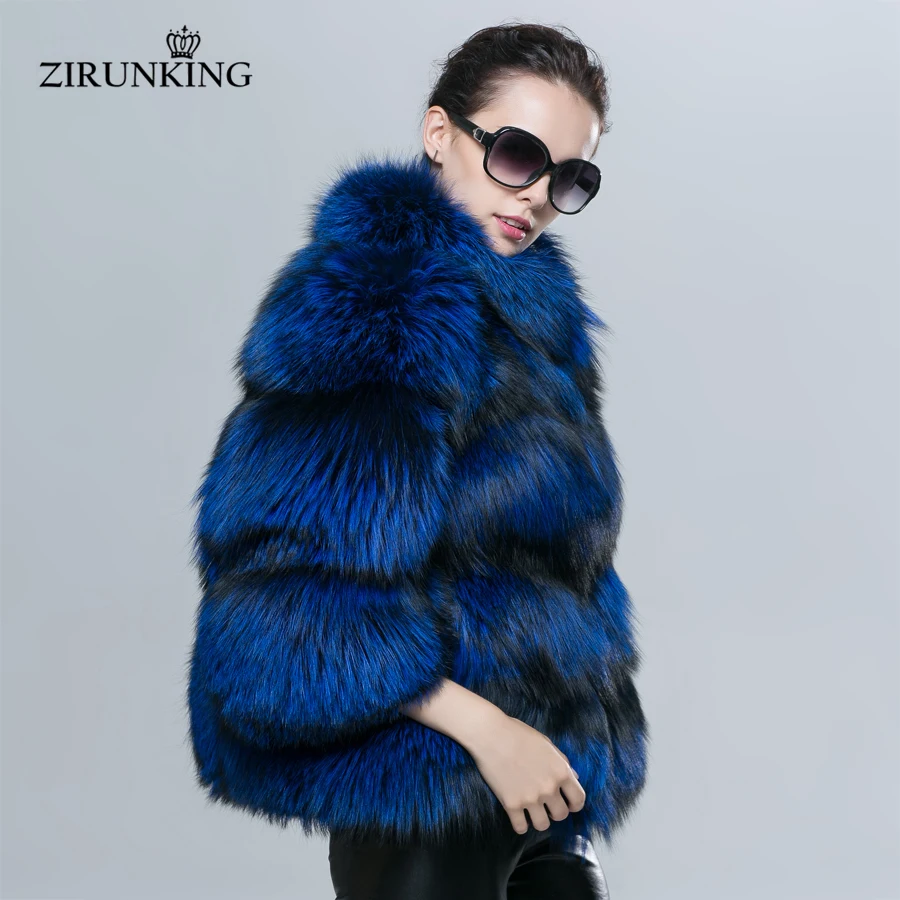ZIRUNKING/синяя женская натуральная черно-бурая лиса пальто с мехом модная Шуба с воротником-стойкой Женская Толстая теплая куртка ZC1610