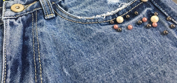 2017 fashion European and American women's high waist Slim straight pearl 3-color studs irregular feet tassel washed cowboy trousers (20)