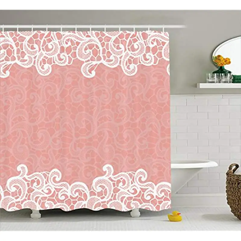 

Vixm Peach Shower Curtain Lace Design on Soft Colored Background Ornamental Pattern Wedding Inspired Fabric Bath Curtains