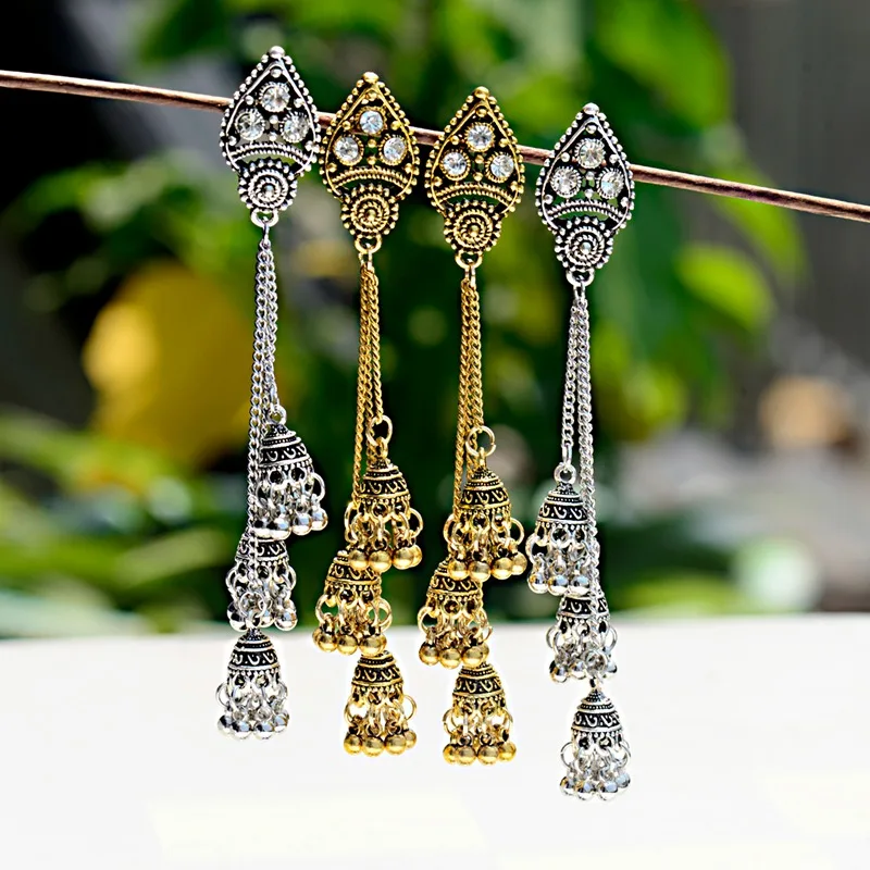 

2019 Women's India Geometric Long Chain Tassel Hanging Dangle Drop Earrings Tibetan Jewelry Bohemia Bell Jhumka Earrings