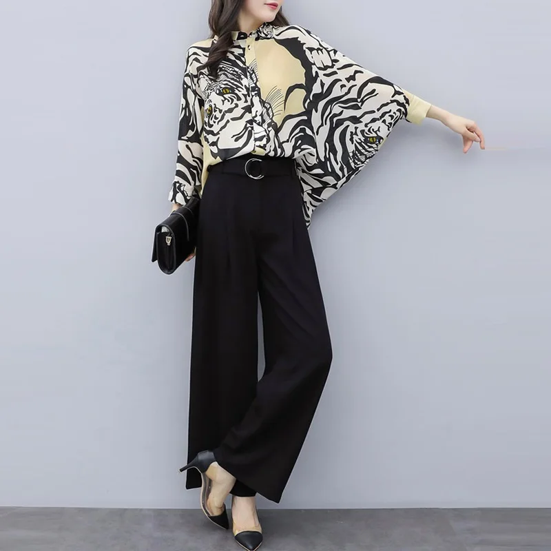 

2 Piece Set Women Batwing Sleeve Leopard Blouse And Pant Suits 2019 New Fashion Elegant Casual Wide Leg Pants Two Piece Sets