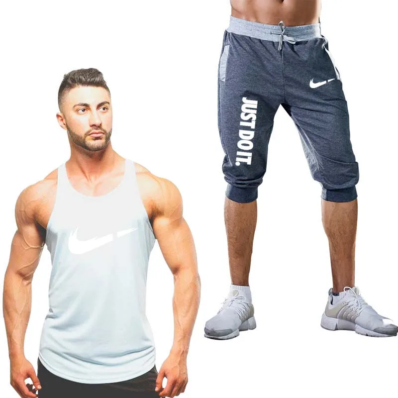 2019 спортивные костюмы комплект Для мужчин бренд Фитнес летние костюмы из 2 предметов Топ короткий набор Для мужчин s Стенд воротник мода 2 шт