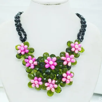

NO-293# Pearl / Crystal flower necklace