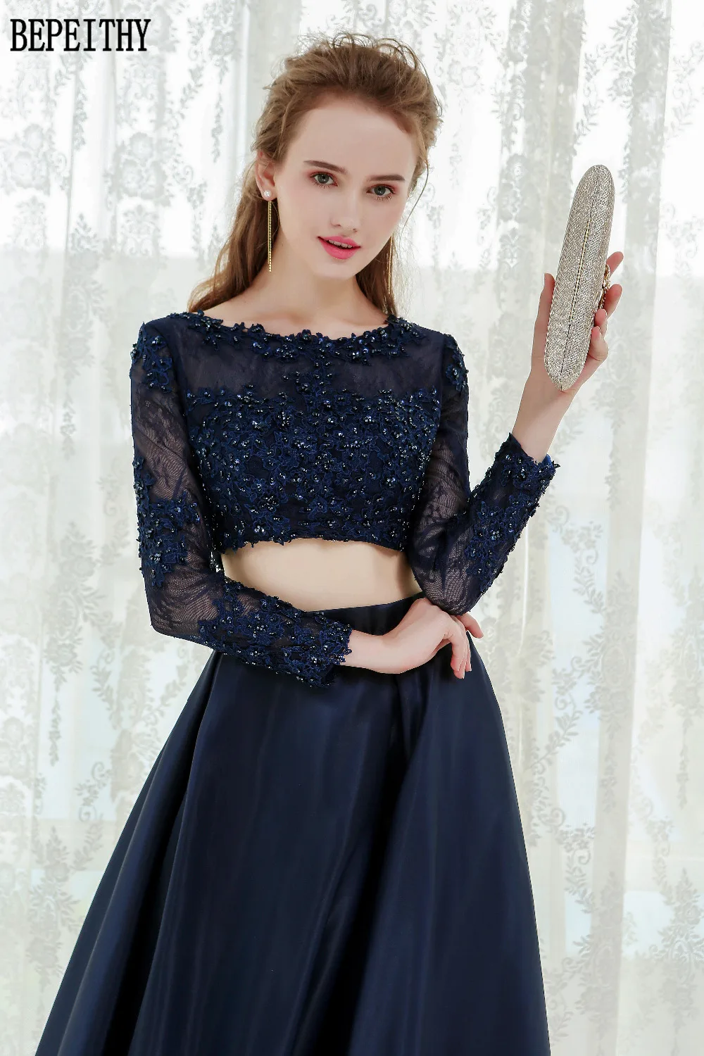 10  BEPEITHY New Design 2017 Long Sleeve Two Pieces Prom Dresses Vestido De Festa Longo Lace Satin Prom Evening Party Dresses (7)