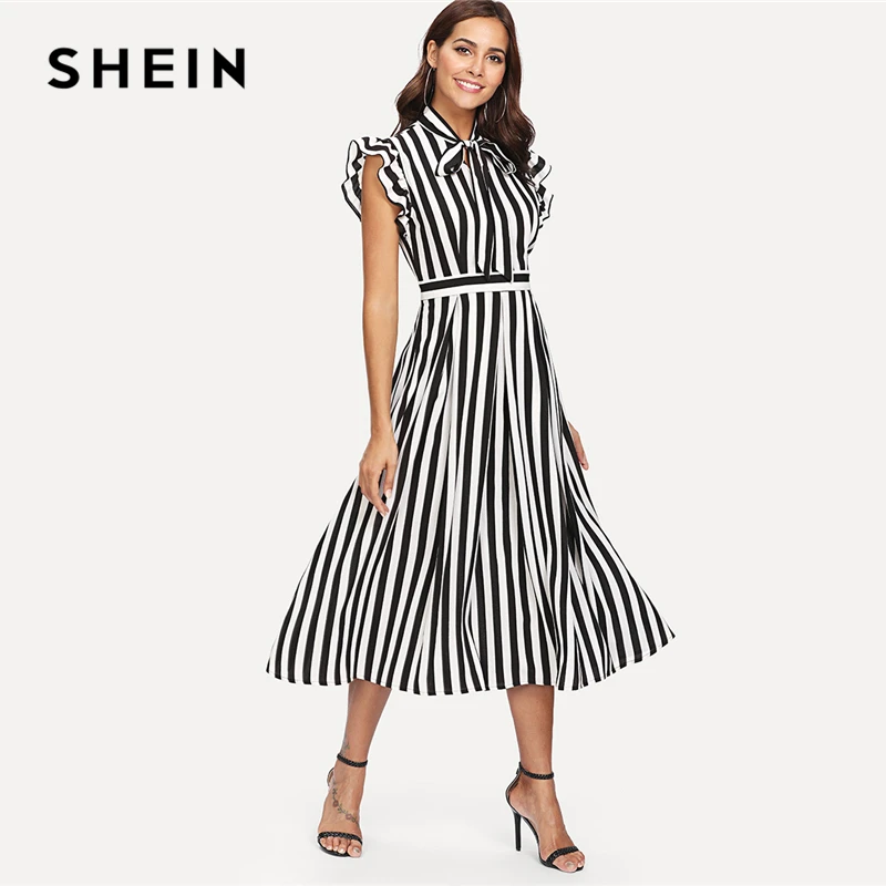 Buy SHEIN Black and White Striped Ruffle Shoulder