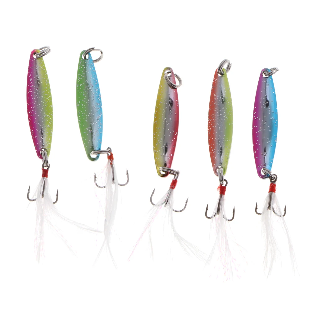 5pcs Spoons Hard Fishing Lures Treble Hook Salmon Bass Metal Fishing Baits Mixed Color 5g/8g/14g/17g