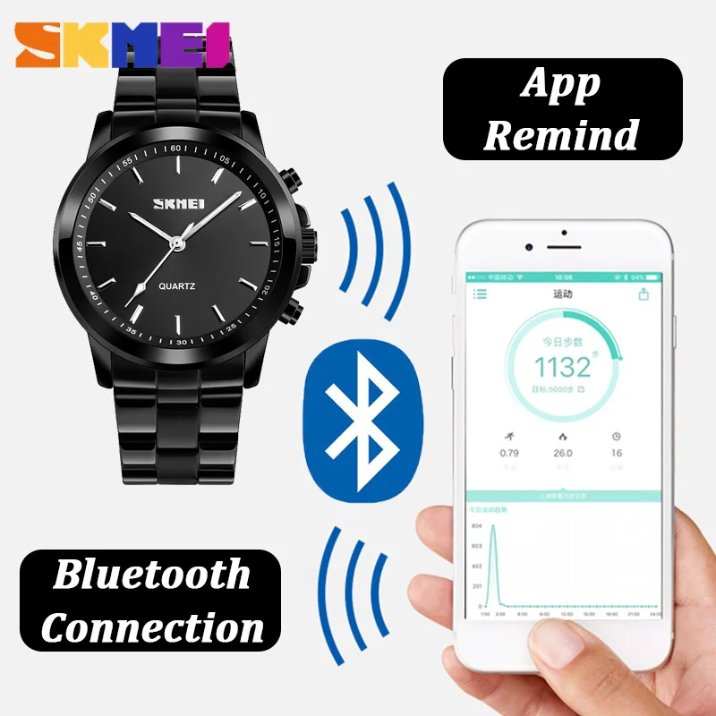 SKMEI Bluetooth Luxury Quartz Watch Men Stainless Steel Classic Business Waistwatches APP Reminder SOS Help Multifunction Watchs