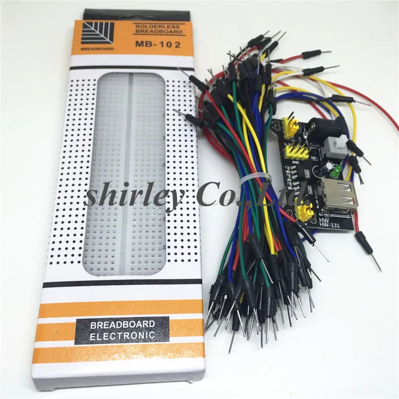 

Bread board kit =3.3V/5V MB102 Breadboard power module+MB-102 830 points Solderless Prototype +65 Flexible jumper wires