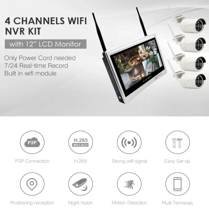 Cheap 12 Inch LCD Monitor Wireless NVR CCTV Security Camera System 4CH 960P H.265 WiFi NVR Kits 4 Channel CCTV Surveillance Kit 1